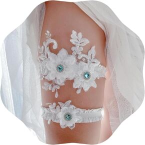JWICOS 2Pcs Wedding Garters for Bride Bridal Lace Garter Set with Blue Rhinestone for Women and Girls
