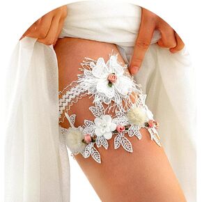 Hermoli الزفاف الزفاف الأربطة الدانتيل الأبيض الزهور الوردية يترك العروس الفخذ الرباط ريشة اللؤلؤ تمتد الفرقة لحفل الزفاف (2PCS) in Kuwait