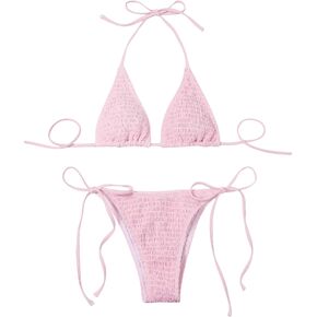 SweatyRocks Women's 2 Piece Triangle Bathing Suit Halter Top ​Tie Side Thong Bikini Swimsuits in Kuwait