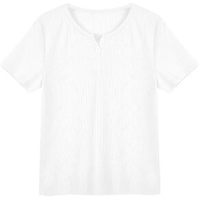 قمصان PiePieBuy للفتيات من Henley برقبة على شكل حرف V وأكمام قصيرة وأزرار مزخرفة بزخرفة الخس in Kuwait