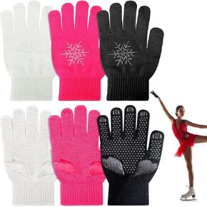 Jiuguva 3 Pairs Figure Skating Gloves Ice Skating Gloves Anti Slip Gripper Gloves with Rhinestone Snowflakes for Practice Competition Winter Warm Mitten, Reduce Falling Injuries