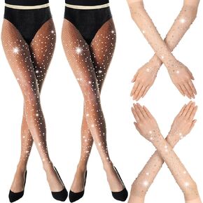Vicenpal 4 Pairs Rhinestone Fishnet Long Gloves Fishnet Stockings Set Bling Mesh Arm Sleeves Stockings 1920s Accessories