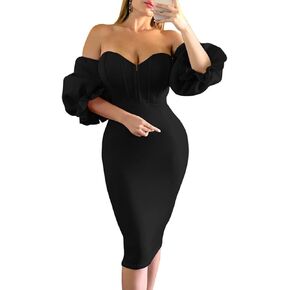 Memoriesea Women's Sexy Off Shoulder Bodycon Lantern Sleeve Front Hook Midi Party Dress