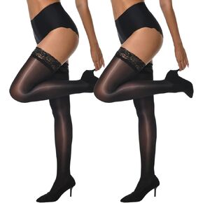 MANZI Sheer Shiny Thigh High Stockings 2 Pairs Silky lingerie Pantyhose for Women with Stay Up Silicone Lace Top in Saudi Arabia