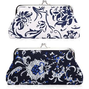 Oyachic 2 Packs Large Floral Coin Purses Canvas Cash Wallet Make Up Cellphone Bag Vintage Change Pouch Key Holder Kiss lock Clasp Clutch in Kuwait