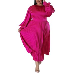Women's Plus Size Maxi Dresses 2023 Fall Lantern Long Sleeve Flowy Swing Pleated Maxi Dresses