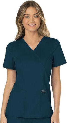 Cherokee Women Scrubs Set Workwear Revolution WW610 Mock Wrap Top & WW110 Mid Rise Straight Leg Pull-on Pant, Caribbean Blue- S Top/S Pant in Saudi Arabia