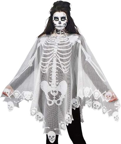 عباءة JunMu للهالوين للنساء، عباءة هيكل عظمي من الدانتيل الأبيض، زينة عيد القديسين غطاء طاولة من الدانتيل عاكس الضوء الموقد Mantle - 60 × 60 بوصة in Kuwait