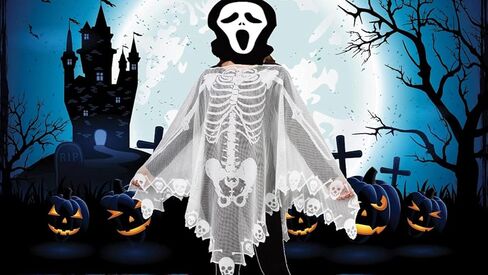 عباءة JunMu للهالوين للنساء، عباءة هيكل عظمي من الدانتيل الأبيض، زينة عيد القديسين غطاء طاولة من الدانتيل عاكس الضوء الموقد Mantle - 60 × 60 بوصة in Kuwait