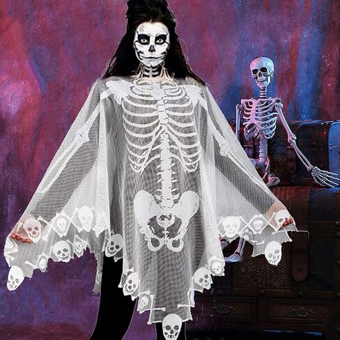 عباءة JunMu للهالوين للنساء، عباءة هيكل عظمي من الدانتيل الأبيض، زينة عيد القديسين غطاء طاولة من الدانتيل عاكس الضوء الموقد Mantle - 60 × 60 بوصة in Kuwait