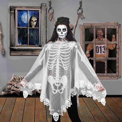 عباءة JunMu للهالوين للنساء، عباءة هيكل عظمي من الدانتيل الأبيض، زينة عيد القديسين غطاء طاولة من الدانتيل عاكس الضوء الموقد Mantle - 60 × 60 بوصة in Kuwait