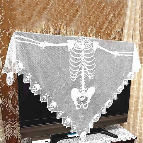 عباءة JunMu للهالوين للنساء، عباءة هيكل عظمي من الدانتيل الأبيض، زينة عيد القديسين غطاء طاولة من الدانتيل عاكس الضوء الموقد Mantle - 60 × 60 بوصة in Kuwait