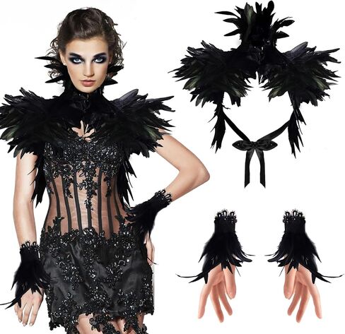 Black Natural Feather Cape with Black Feather Long Gloves, Shrug Shawl, Shoulder Wrap Vampire Raven Shawl Fallen Angel Cosplay Costume for Halloween in Kuwait