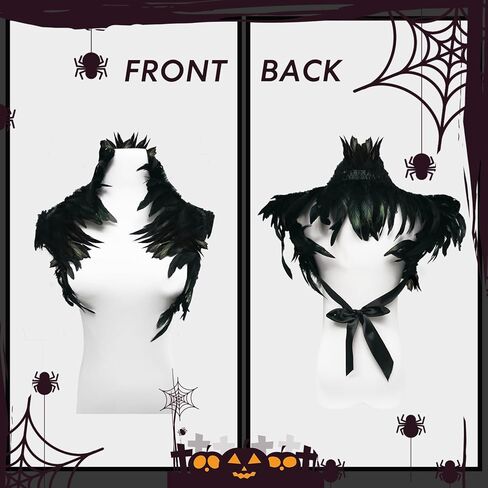 Black Natural Feather Cape with Black Feather Long Gloves, Shrug Shawl, Shoulder Wrap Vampire Raven Shawl Fallen Angel Cosplay Costume for Halloween in Kuwait