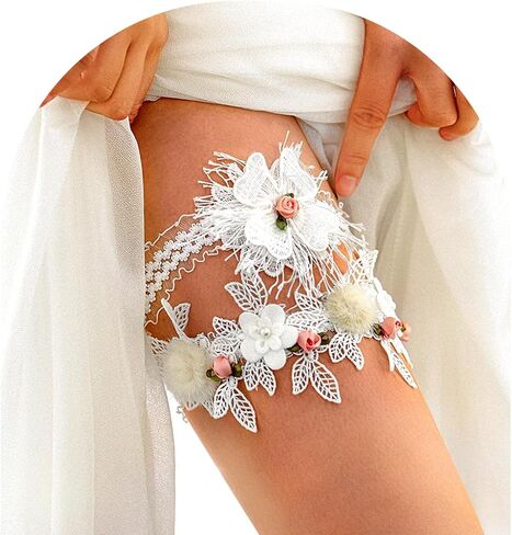 Hermoli الزفاف الزفاف الأربطة الدانتيل الأبيض الزهور الوردية يترك العروس الفخذ الرباط ريشة اللؤلؤ تمتد الفرقة لحفل الزفاف (2PCS) in Kuwait