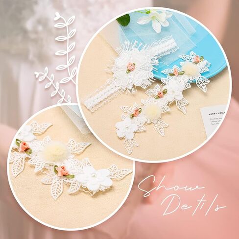 Hermoli الزفاف الزفاف الأربطة الدانتيل الأبيض الزهور الوردية يترك العروس الفخذ الرباط ريشة اللؤلؤ تمتد الفرقة لحفل الزفاف (2PCS) in Kuwait