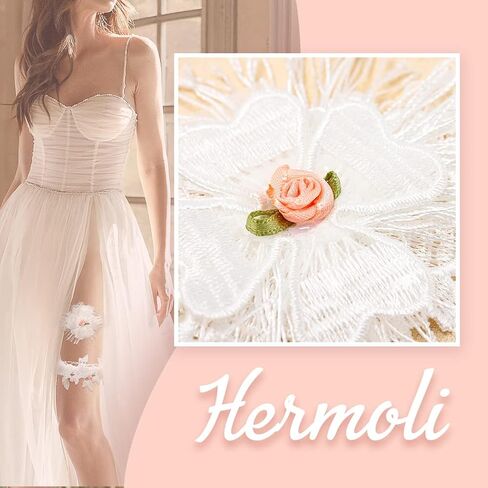 Hermoli الزفاف الزفاف الأربطة الدانتيل الأبيض الزهور الوردية يترك العروس الفخذ الرباط ريشة اللؤلؤ تمتد الفرقة لحفل الزفاف (2PCS) in Kuwait
