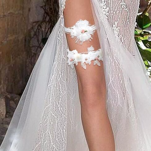 Hermoli الزفاف الزفاف الأربطة الدانتيل الأبيض الزهور الوردية يترك العروس الفخذ الرباط ريشة اللؤلؤ تمتد الفرقة لحفل الزفاف (2PCS) in Kuwait