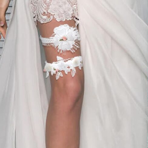Hermoli الزفاف الزفاف الأربطة الدانتيل الأبيض الزهور الوردية يترك العروس الفخذ الرباط ريشة اللؤلؤ تمتد الفرقة لحفل الزفاف (2PCS) in Kuwait
