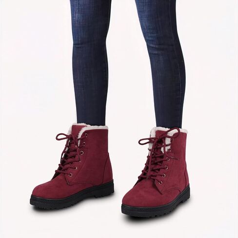 SHIBEVER Winter Snow Boots for Women: Warm Fur Lined Ankle Boots Comfortable Suede Lace Up Booties Cute Flat Shoes in Kuwait