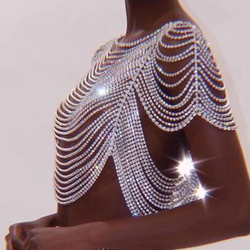 ستونفانز قلادة كتف وسلسلة للجسم للنساء، قلادة زعنفة للعروس من حجر الراين، سلسلة كتف للنساء، مجوهرات للجسم للسهرة، حجر الراين، بدون احجار كريمة in Kuwait