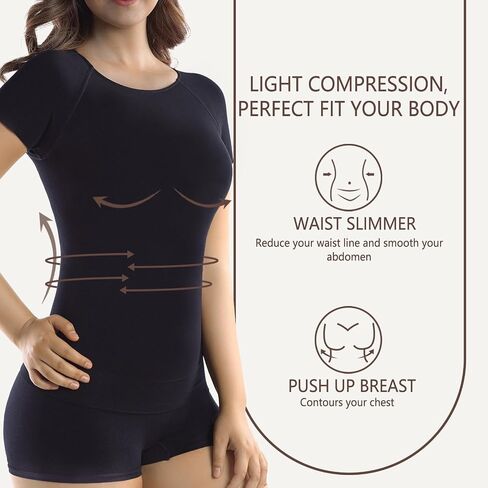 +MD Women's Seamless T-Shirt Scoop Neck Short Sleeve Comfort Light Control Shapewear Undershirt Pyjamas Black XL in Kuwait