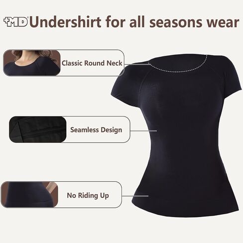 +MD Women's Seamless T-Shirt Scoop Neck Short Sleeve Comfort Light Control Shapewear Undershirt Pyjamas Black XL in Kuwait