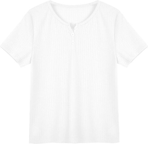 قمصان PiePieBuy للفتيات من Henley برقبة على شكل حرف V وأكمام قصيرة وأزرار مزخرفة بزخرفة الخس in Kuwait