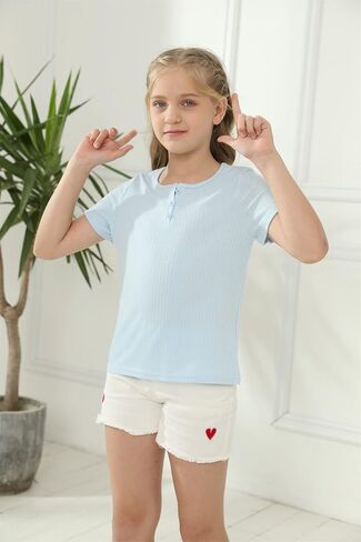 قمصان PiePieBuy للفتيات من Henley برقبة على شكل حرف V وأكمام قصيرة وأزرار مزخرفة بزخرفة الخس in Kuwait