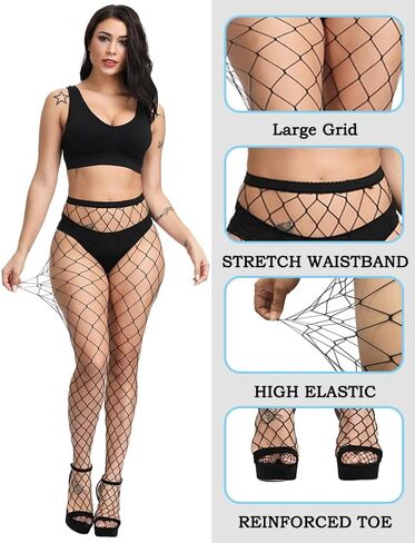جوارب شبكية من SAFSOU للنساء، شبكة صيد السمك سوداء مع أصابع معززة، جوارب شبكية مقاس كبير مع مرونة عالية in Kuwait