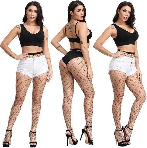 جوارب شبكية من SAFSOU للنساء، شبكة صيد السمك سوداء مع أصابع معززة، جوارب شبكية مقاس كبير مع مرونة عالية in Kuwait