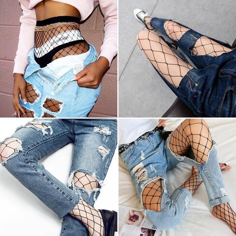 جوارب شبكية من SAFSOU للنساء، شبكة صيد السمك سوداء مع أصابع معززة، جوارب شبكية مقاس كبير مع مرونة عالية in Kuwait