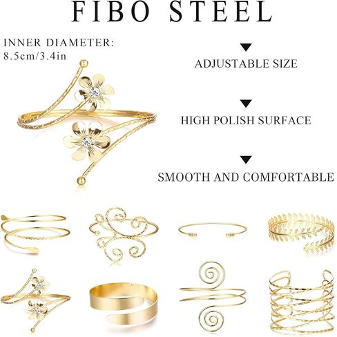 FIBO STEEL 8 Pcs Arm Cuff Upper Arm Band Cuff Bracelet Bangle for Women Gold Adjustable Minimalist Simple Leaf Butterfly Coil Armband Set in Saudi Arabia