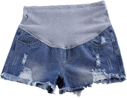 شورت جينز نسائي من zenicham ذو فتحة ممزقة وشرابة عالية الخصر للنساء الحوامل in Kuwait