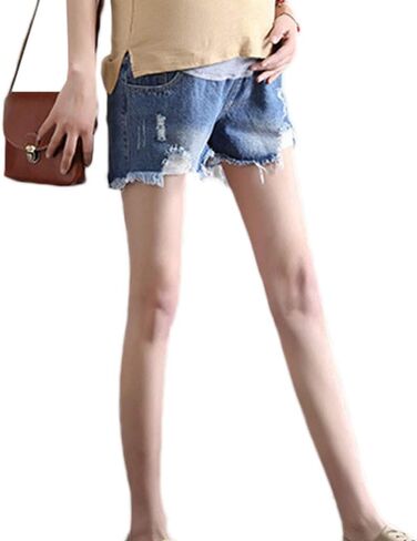 شورت جينز نسائي من zenicham ذو فتحة ممزقة وشرابة عالية الخصر للنساء الحوامل in Kuwait