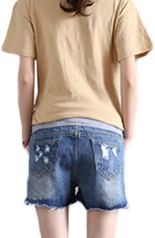 شورت جينز نسائي من zenicham ذو فتحة ممزقة وشرابة عالية الخصر للنساء الحوامل in Kuwait