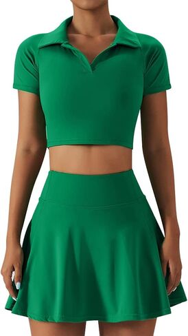 2 Piece Tennis Dress for Women High Waist Pleated Tennis Skirt with Shorts Short Sleeve Crop Golf Workout Skirts Sets in Kuwait