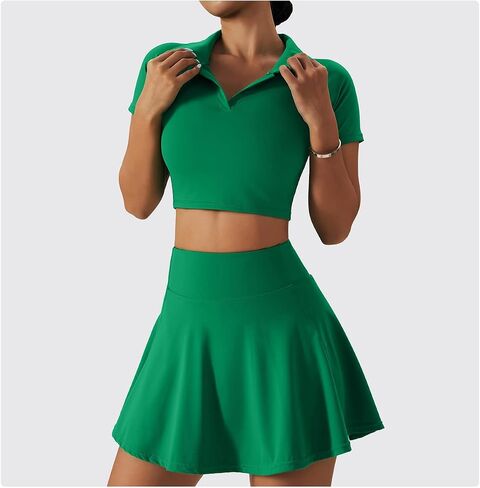 2 Piece Tennis Dress for Women High Waist Pleated Tennis Skirt with Shorts Short Sleeve Crop Golf Workout Skirts Sets in Kuwait