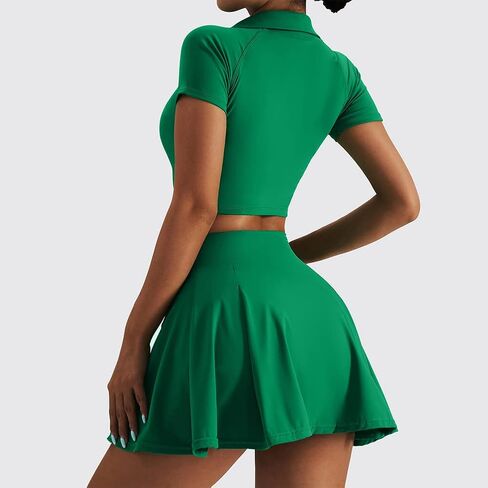 2 Piece Tennis Dress for Women High Waist Pleated Tennis Skirt with Shorts Short Sleeve Crop Golf Workout Skirts Sets in Kuwait