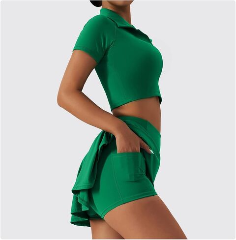 2 Piece Tennis Dress for Women High Waist Pleated Tennis Skirt with Shorts Short Sleeve Crop Golf Workout Skirts Sets in Kuwait