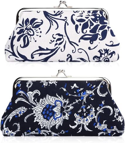 Oyachic 2 Packs Large Floral Coin Purses Canvas Cash Wallet Make Up Cellphone Bag Vintage Change Pouch Key Holder Kiss lock Clasp Clutch in Kuwait