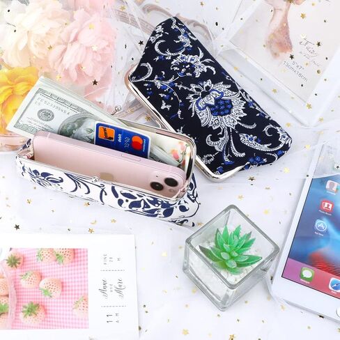 Oyachic 2 Packs Large Floral Coin Purses Canvas Cash Wallet Make Up Cellphone Bag Vintage Change Pouch Key Holder Kiss lock Clasp Clutch in Kuwait