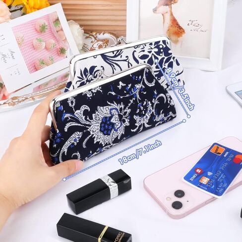 Oyachic 2 Packs Large Floral Coin Purses Canvas Cash Wallet Make Up Cellphone Bag Vintage Change Pouch Key Holder Kiss lock Clasp Clutch in Kuwait