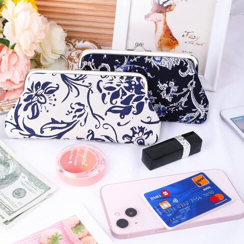Oyachic 2 Packs Large Floral Coin Purses Canvas Cash Wallet Make Up Cellphone Bag Vintage Change Pouch Key Holder Kiss lock Clasp Clutch in Kuwait