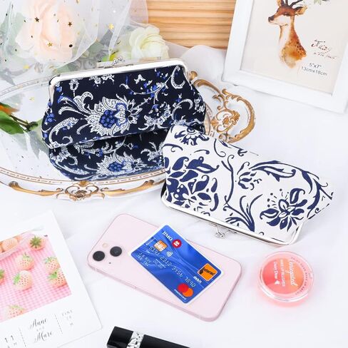 Oyachic 2 Packs Large Floral Coin Purses Canvas Cash Wallet Make Up Cellphone Bag Vintage Change Pouch Key Holder Kiss lock Clasp Clutch in Kuwait