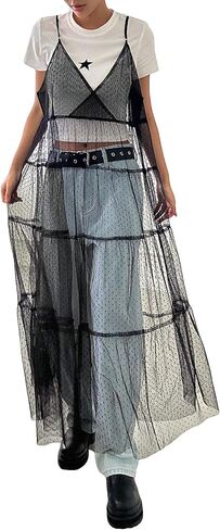 فستان نسائي من Cozyease شبكي شفاف ورقبة على شكل حرف V فستان طويل سادة بشريط سباغيتي بدون تي شيرت in Kuwait