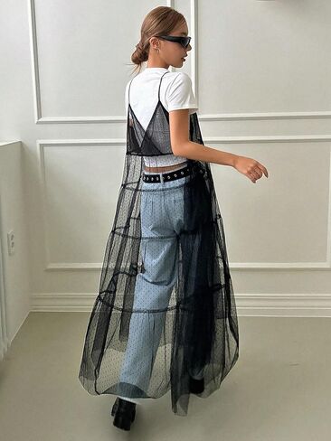 فستان نسائي من Cozyease شبكي شفاف ورقبة على شكل حرف V فستان طويل سادة بشريط سباغيتي بدون تي شيرت in Kuwait