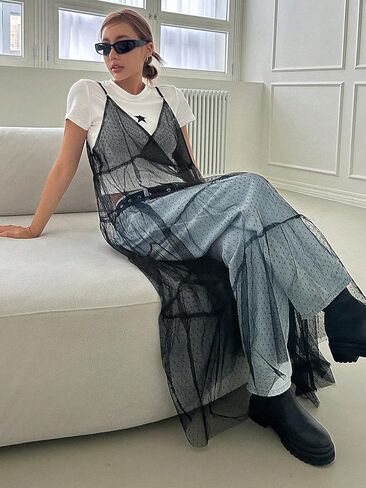 فستان نسائي من Cozyease شبكي شفاف ورقبة على شكل حرف V فستان طويل سادة بشريط سباغيتي بدون تي شيرت in Kuwait