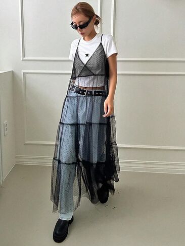 فستان نسائي من Cozyease شبكي شفاف ورقبة على شكل حرف V فستان طويل سادة بشريط سباغيتي بدون تي شيرت in Kuwait