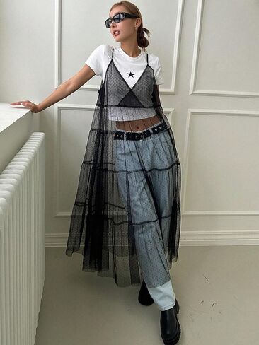 فستان نسائي من Cozyease شبكي شفاف ورقبة على شكل حرف V فستان طويل سادة بشريط سباغيتي بدون تي شيرت in Kuwait